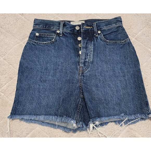 Everlane Womens Blue Denim The Rigid Way High‎ Shorts Fringe Hem Button Fly 26 - Picture 2 of 8